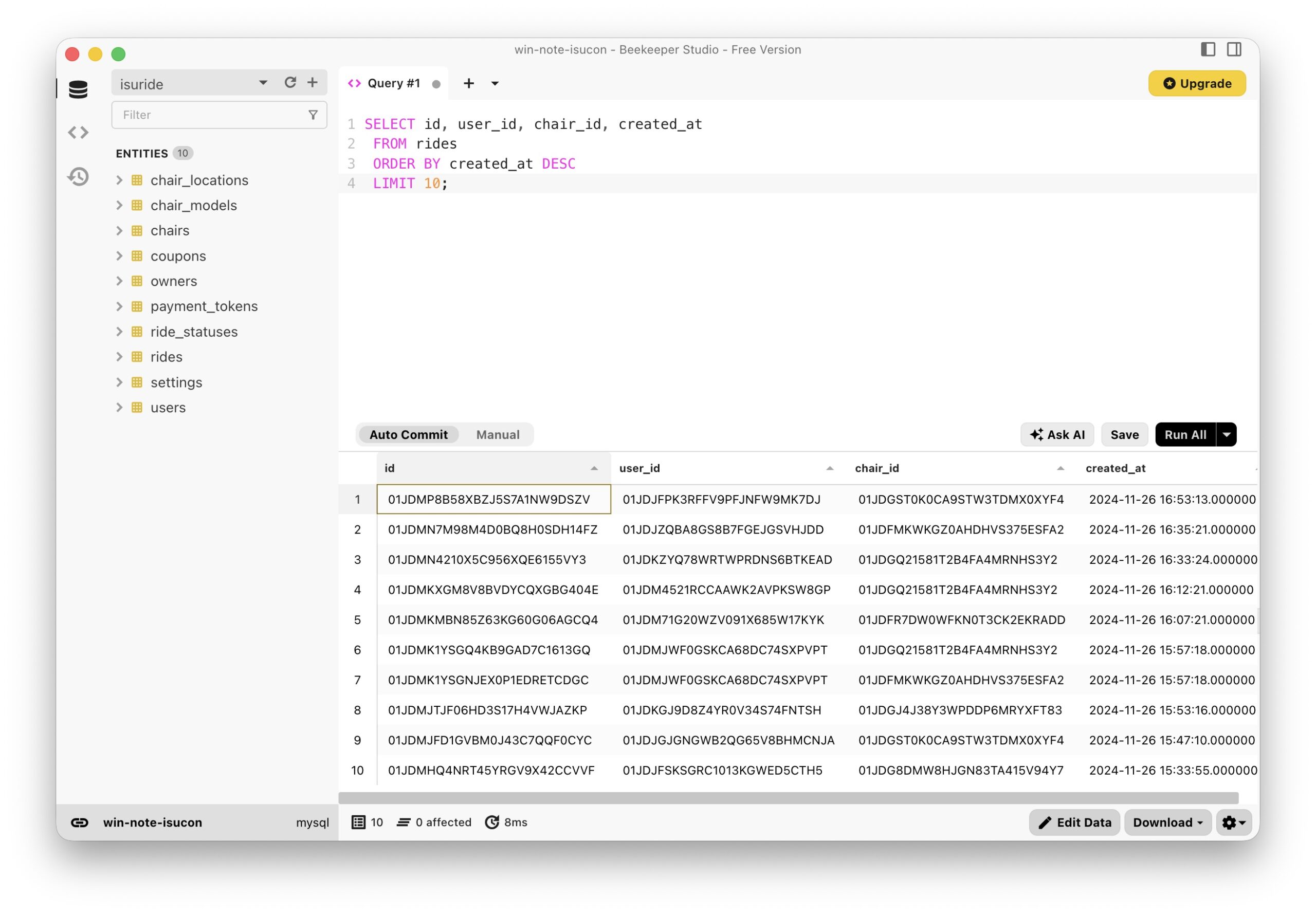 ridesテーブルでUserと割り当て済みISUの対応を確認